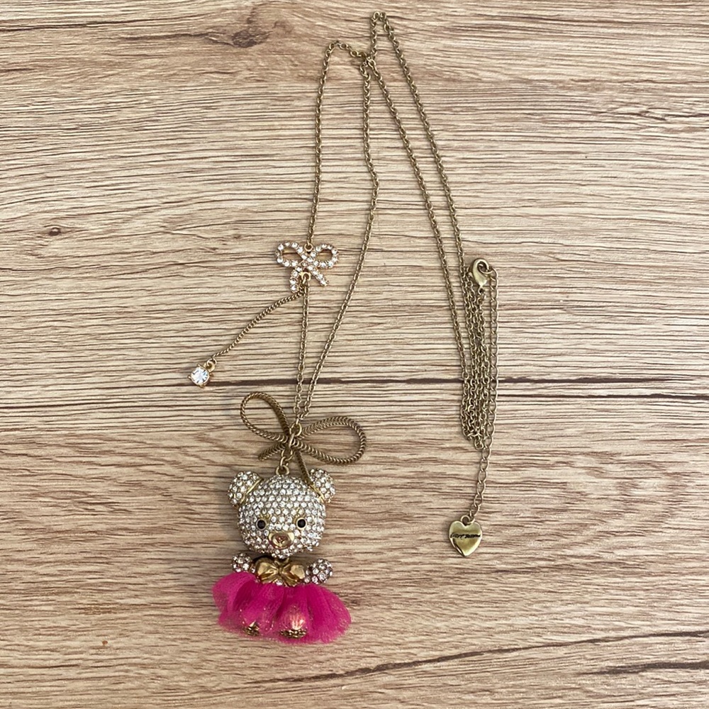 Betsey Johnson long chain gold necklace with crystal bear in tutu